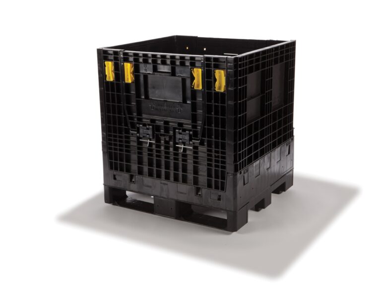 A heavy-duty 32x30x34 collapsible plastic bulk container with ergonomic yellow latches, designed for secure industrial shipping and storage.