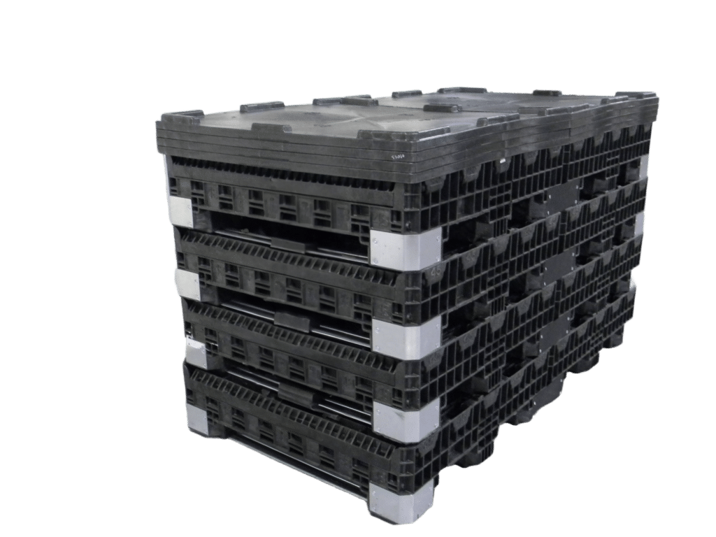Stacked black plastic pallets for durable storage and efficient shipping solutions.