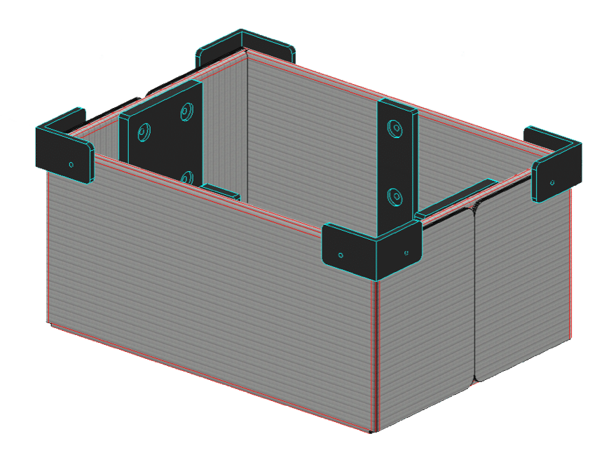 Detailed design of a durable, modular storage box with innovative assembly features.