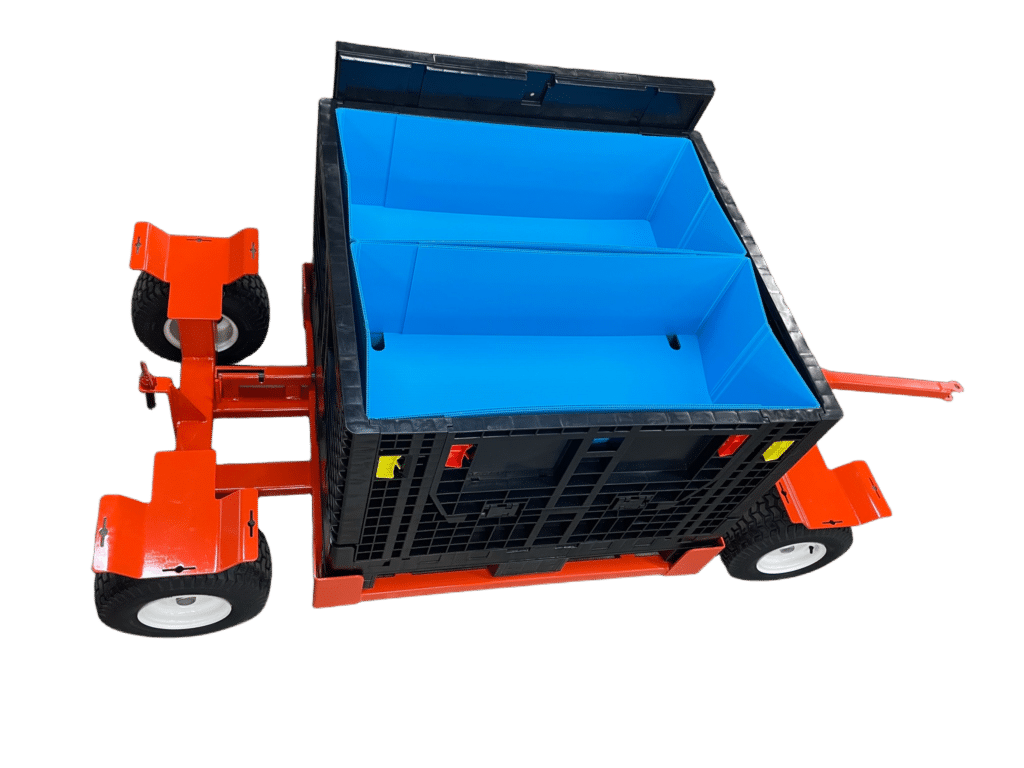 Orange cart with blue bins, ideal for efficient storage and transportation in warehouses.