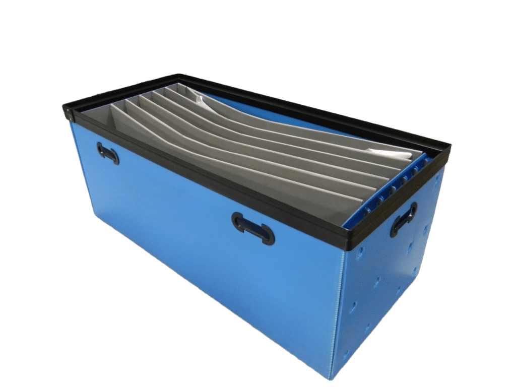 Blue storage box for organizing files and documents efficiently.