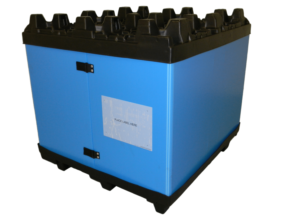 Durable blue industrial storage bin with secure lid and labeling area.