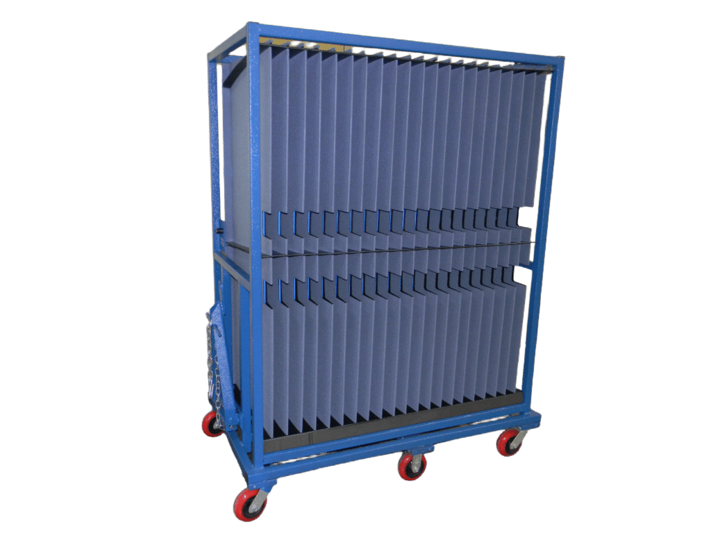 Efficient paper handling cart featuring a sturdy design and durable wheels for easy transport.