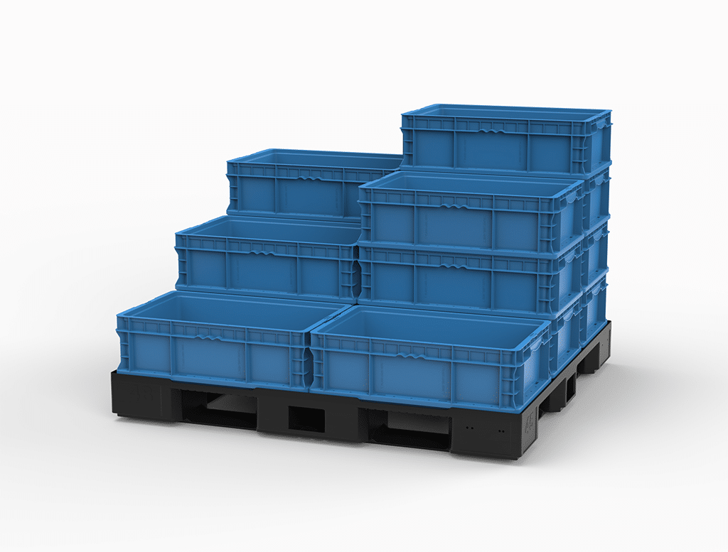 Stacked blue storage bins for efficient packing and moving organization.