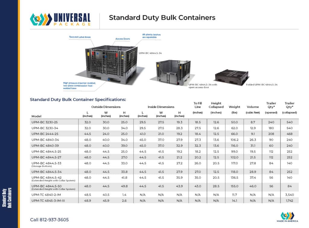 Standard Duty Bulk Containers specifications for efficient storage and transport solutions.