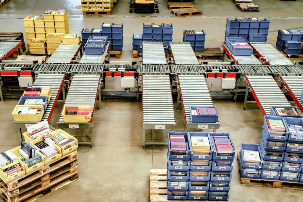 Efficient warehouse sorting area enhances logistics and inventory management.