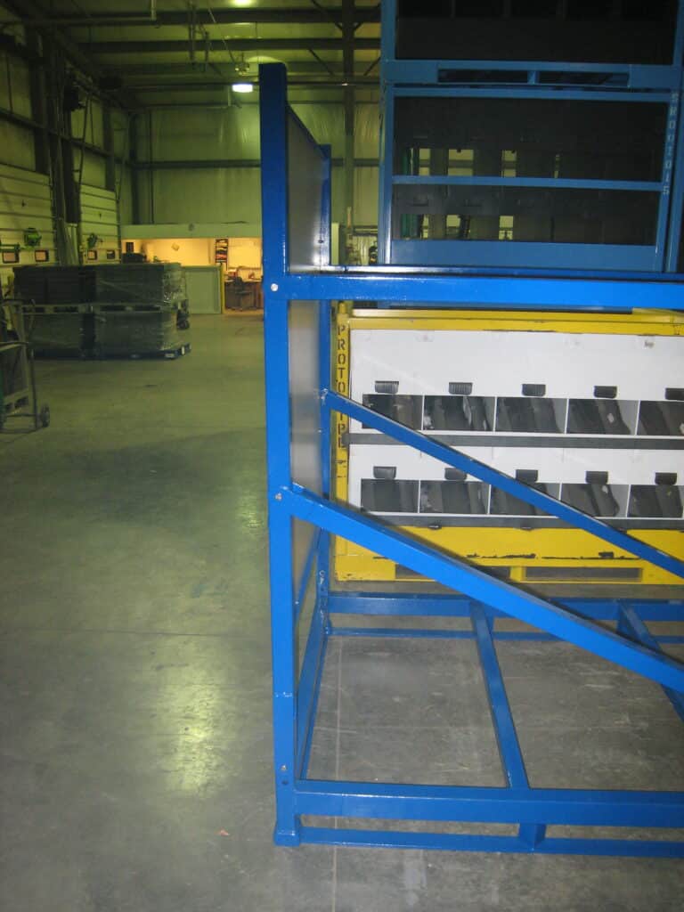 Blue shelving unit in a warehouse for efficient storage and organization of inventory.