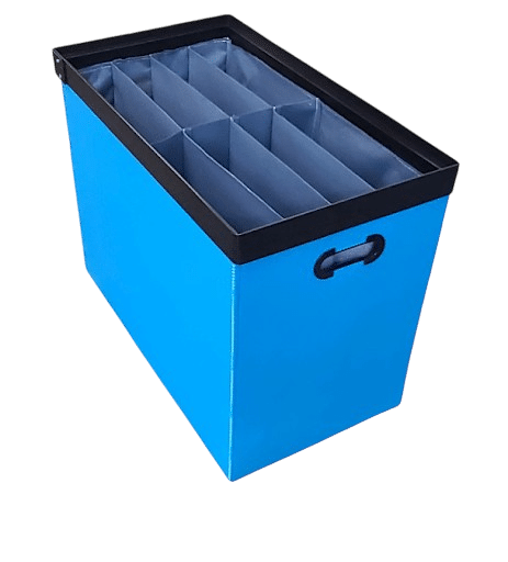 Blue storage bin with dividers for organized storage and efficient space management.