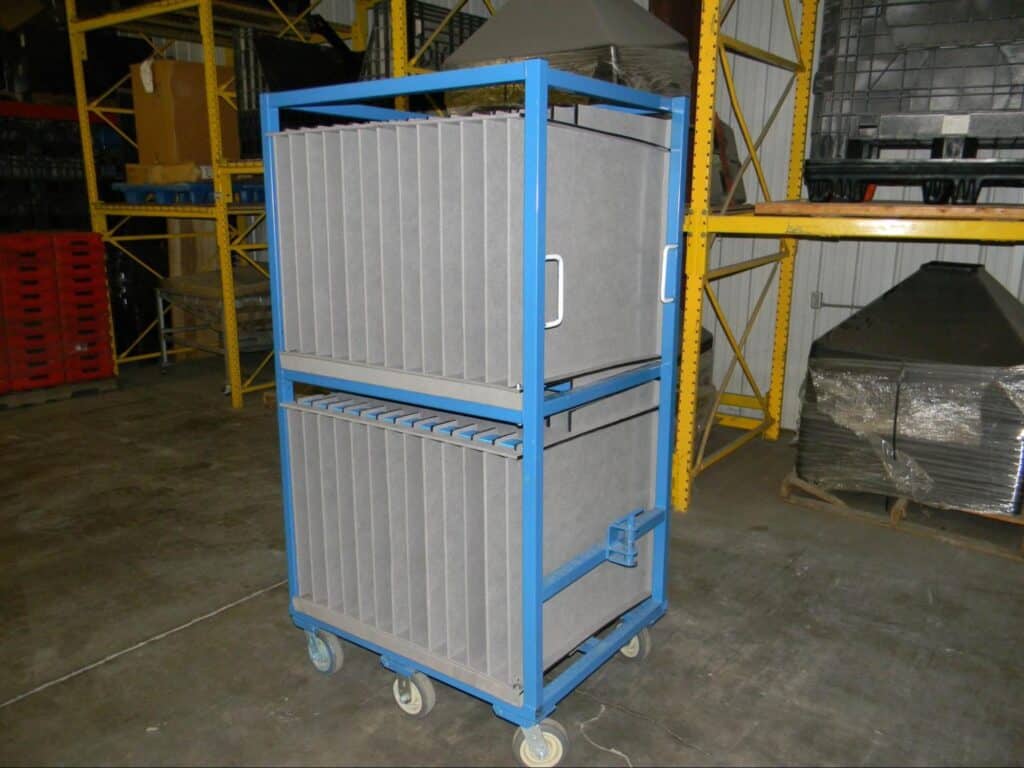 Efficient blue storage cart with gray bins for easy transport and organization.