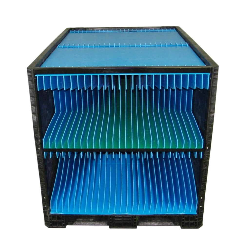 Blue storage container with adjustable trays for efficient organization and storage solutions.