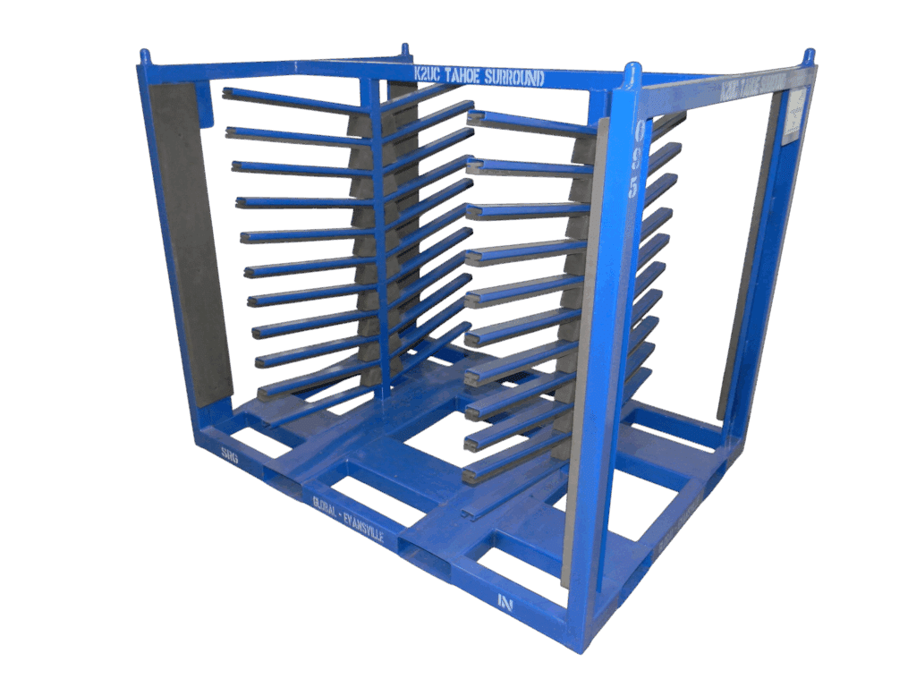 Blue table surround system designed for efficient item storage and organization.