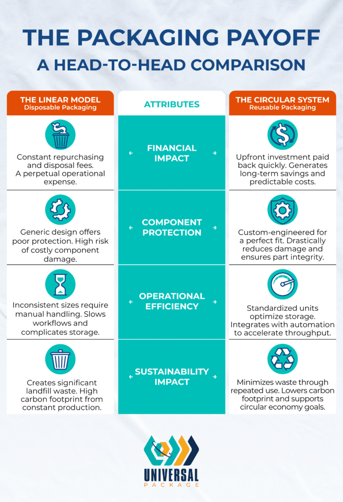 Packaging comparison: disposable vs. reusable benefits in financial impact and sustainability.