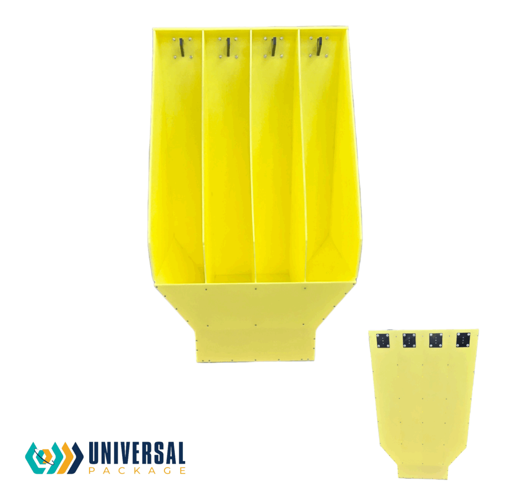Bright yellow packaging bin with multiple compartments for organized recycling and waste disposal.