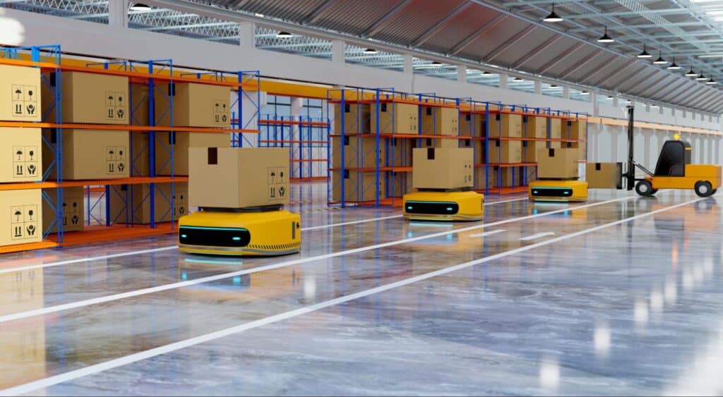 Automated robots efficiently moving packages in a high-tech warehouse environment.