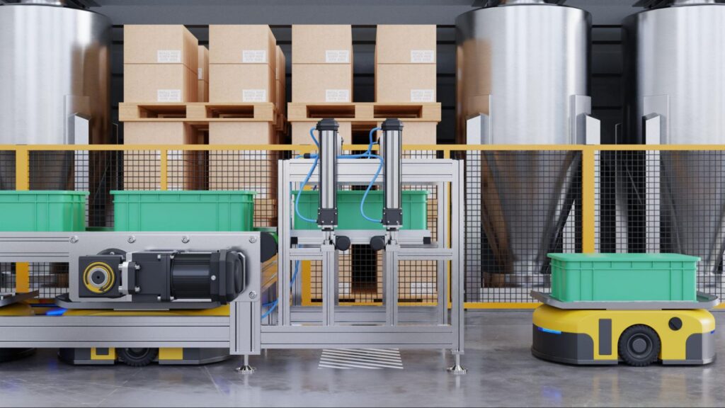 Automated warehouse with robotics, conveyor systems, and storage for efficient logistics solutions.