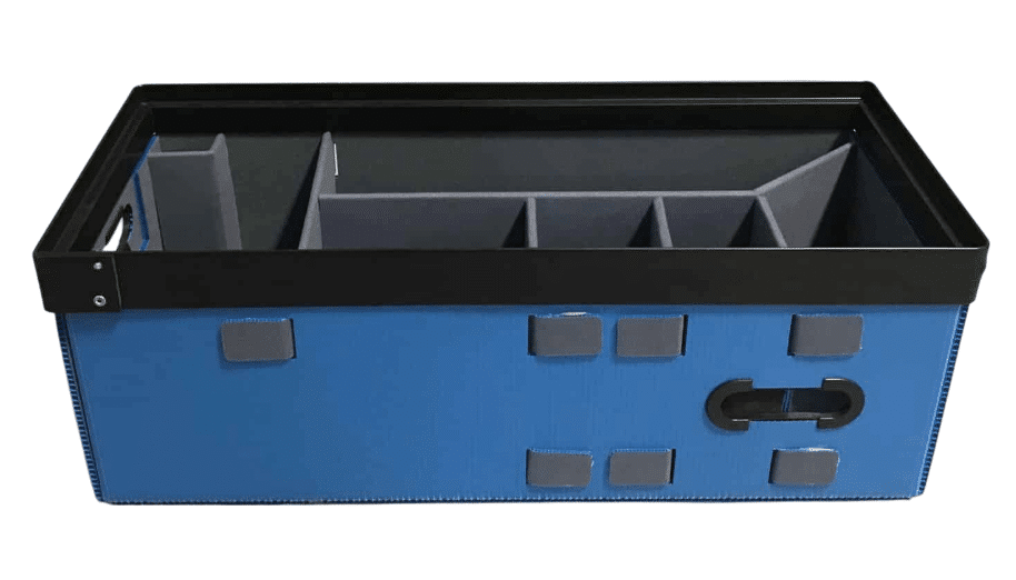 Stylish blue storage box with compartments for easy organization of supplies.