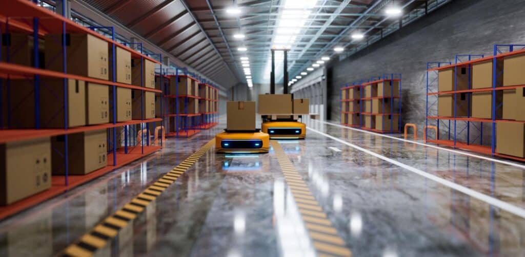 Automated robots navigate a warehouse filled with boxes and shelves.