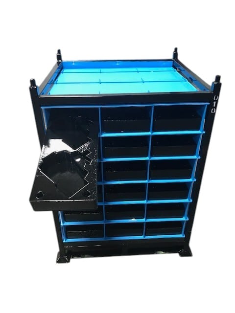 Black and blue storage organizer with multiple compartments for efficient storage solutions.