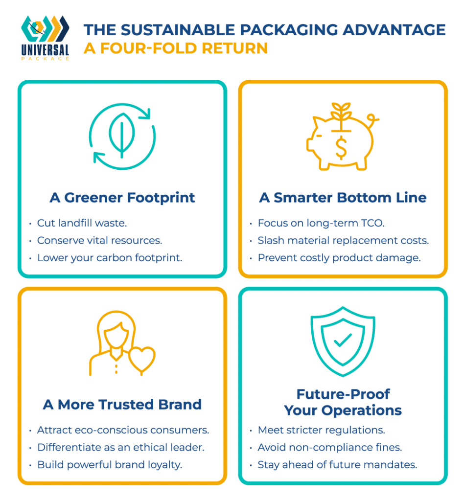 Sustainable packaging offers environmental benefits, cost savings, brand loyalty, and compliance advantages.