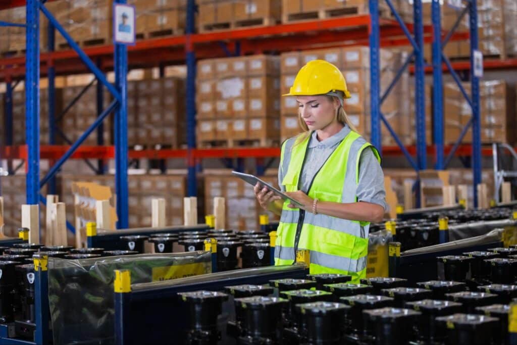 Warehouse worker with tablet in busy industrial environment.