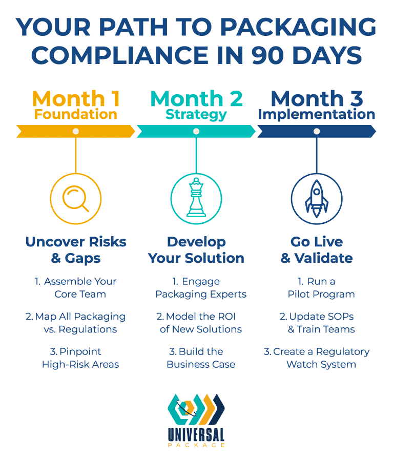 Packaging compliance process outlined for 90 days: risk assessment, strategy, and implementation.