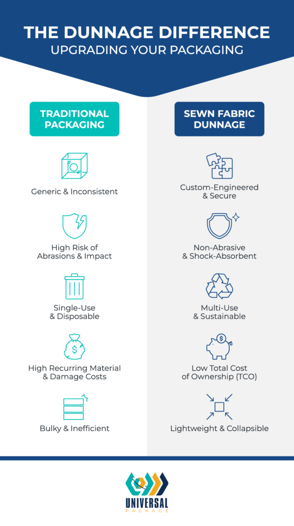 Discover the benefits of upgraded packaging with sewn fabric dunnage for safer transport.