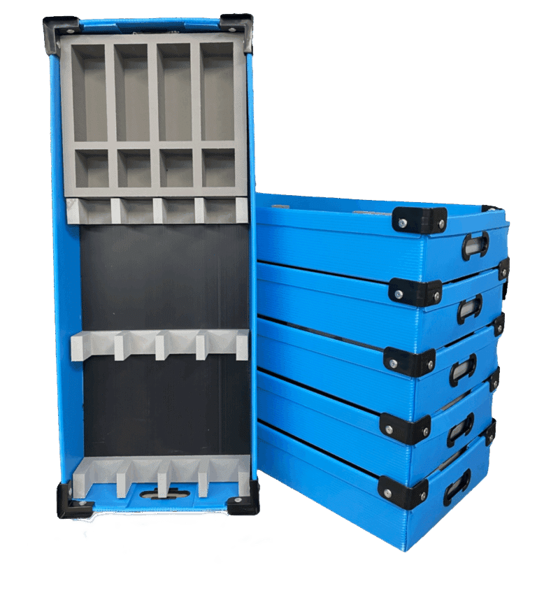 Custom plastic tote with removable interior divider for parts organization