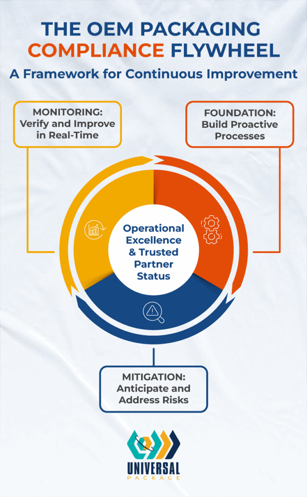 OEM packaging compliance flywheel framework for monitoring, mitigation, and operational excellence.
