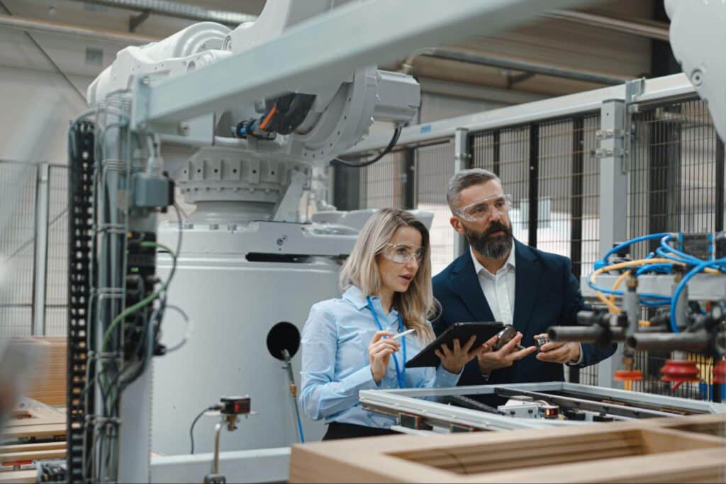 Professionals collaborating on innovative industrial robotics solutions in a manufacturing environment.