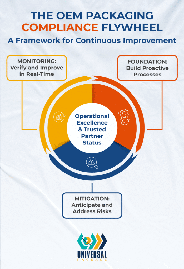 OEM packaging compliance flywheel ensures operational excellence and risk mitigation for continuous improvement.